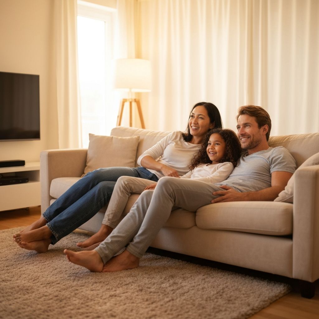 IPTV 20 Reais - Família relaxando no sofá assistindo filmes e séries em HD/4K