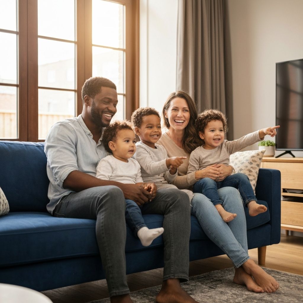 IPTV 20 Reais - Família feliz assistindo canais HD juntos no sofá - Entretenimento para toda família