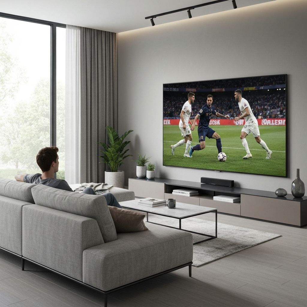 IPTV 20 Reais - Sala moderna com Smart TV 4K exibindo esportes ao vivo em alta definição