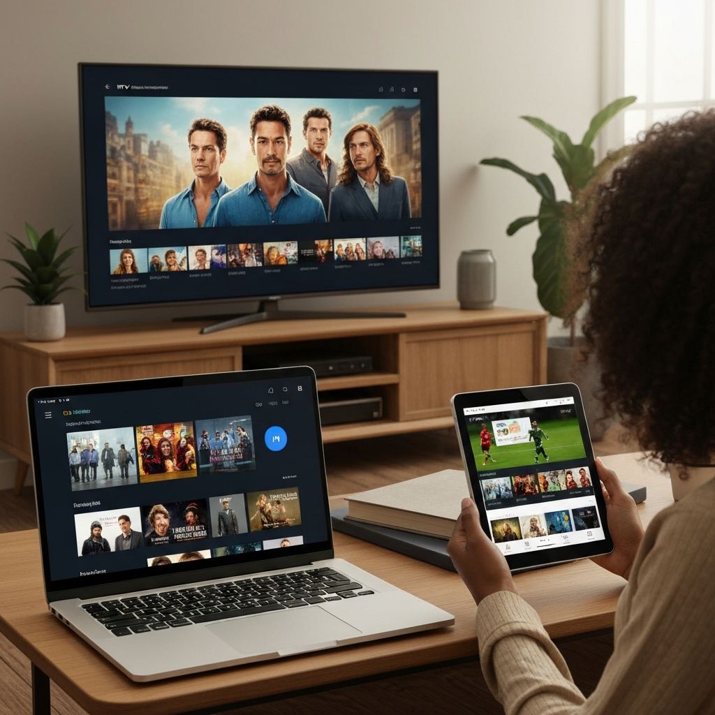 IPTV 20 Reais - Aplicativo funcionando em múltiplos dispositivos: Smart TV, laptop, tablet e celular