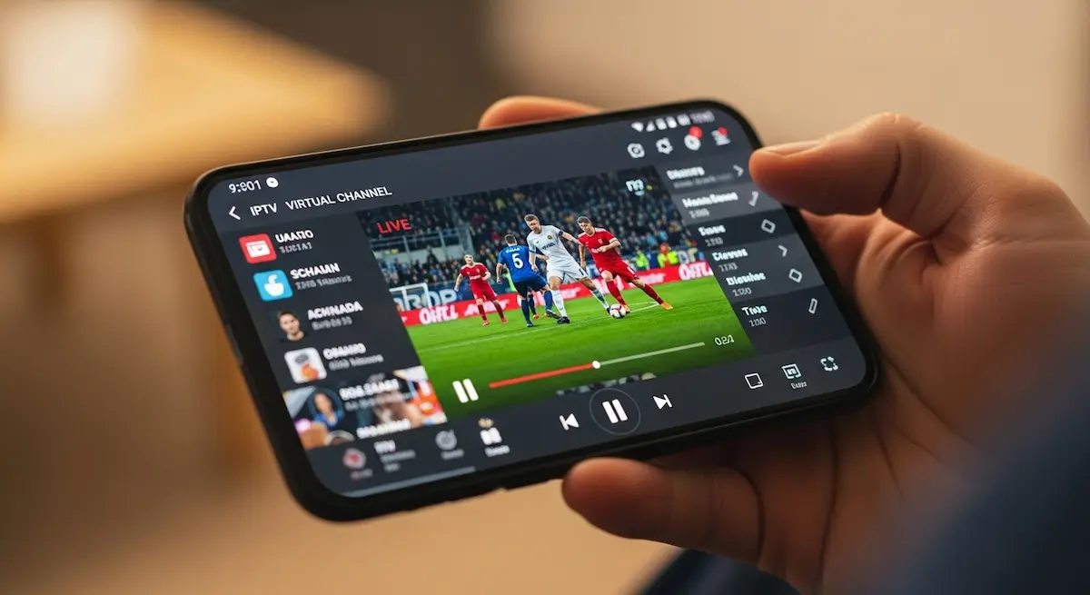 IPTV 20 Reais - Interface do aplicativo no smartphone mostrando canais HD e navegação intuitiva